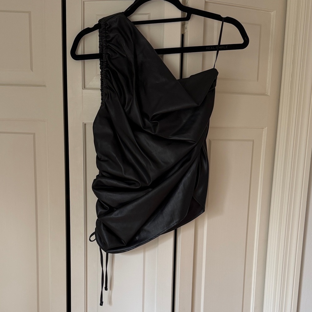 Black Leather One-Shoulder Top - Picture 2 of 5